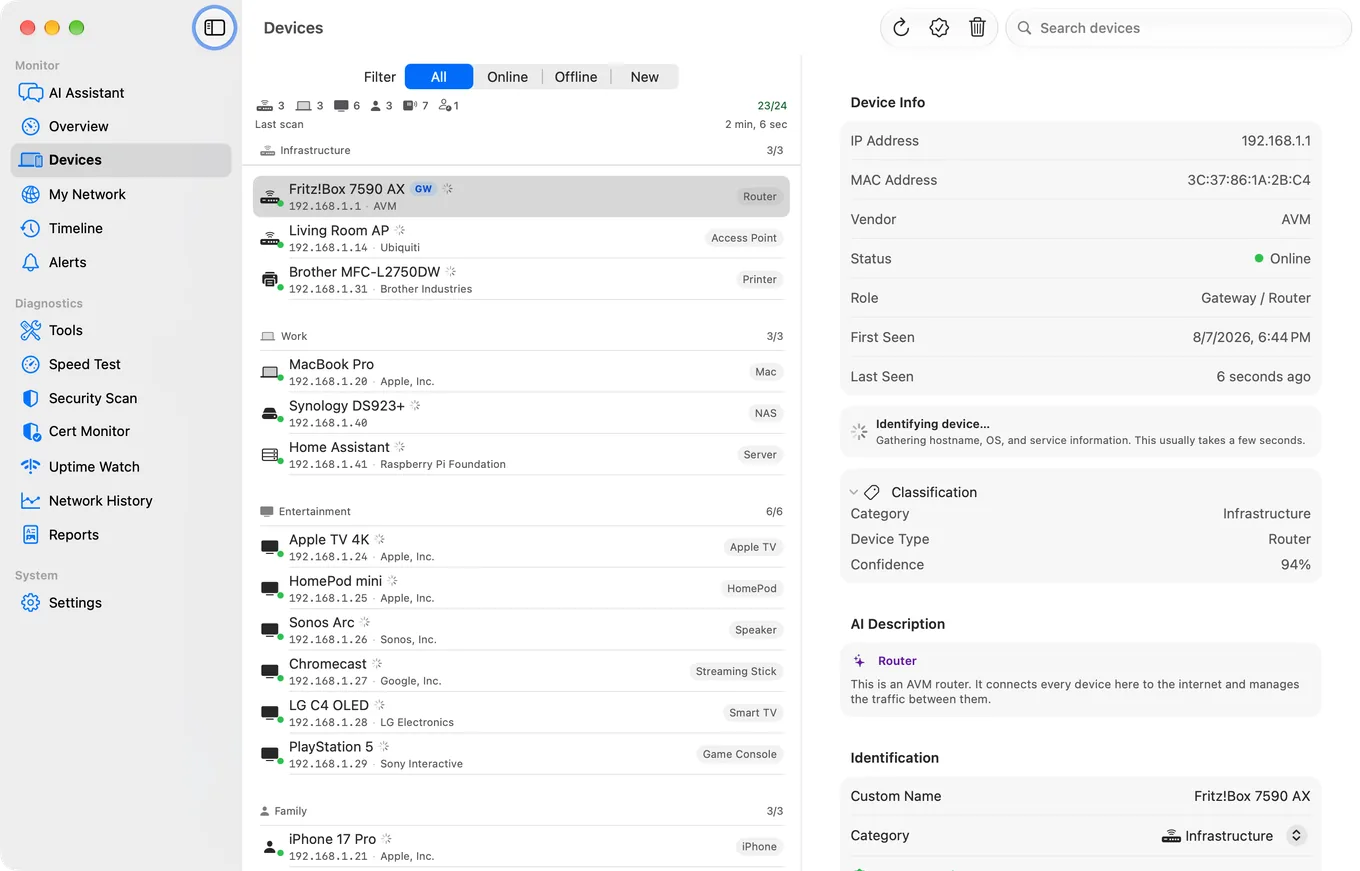 The Devices list in PingKit Agent for Mac, with each device named and sorted into a category such as Infrastructure, Work or Entertainment.