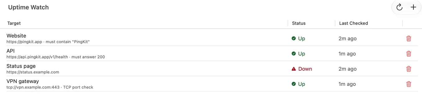 Uptime Watch in PingKit Agent for Mac, listing four monitored URLs with the current state of each and when it was last checked. One is down.