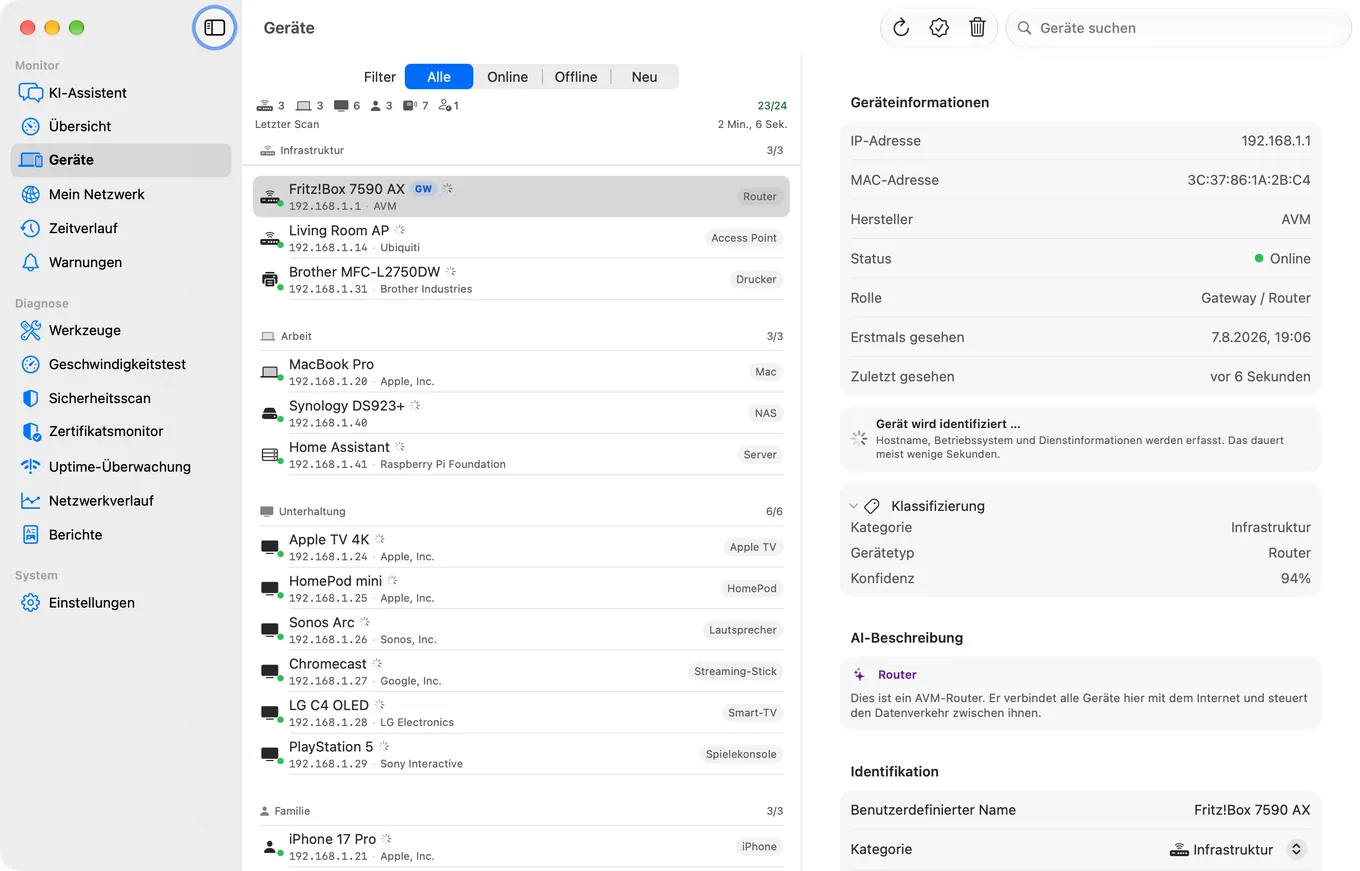 Die Geräteliste in PingKit Agent für den Mac, in der jedes Gerät benannt und einer Kategorie wie Infrastruktur, Arbeit oder Unterhaltung zugeordnet ist.