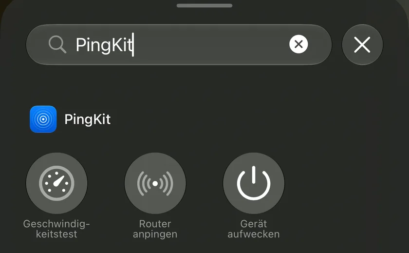 Die Galerie „Steuerelement hinzufügen“ auf dem iPhone, gefiltert nach PingKit, mit den drei Steuerelementen, die PingKit dem Kontrollzentrum hinzufügt: Geschwindigkeitstest, Router anpingen und Gerät aufwecken.