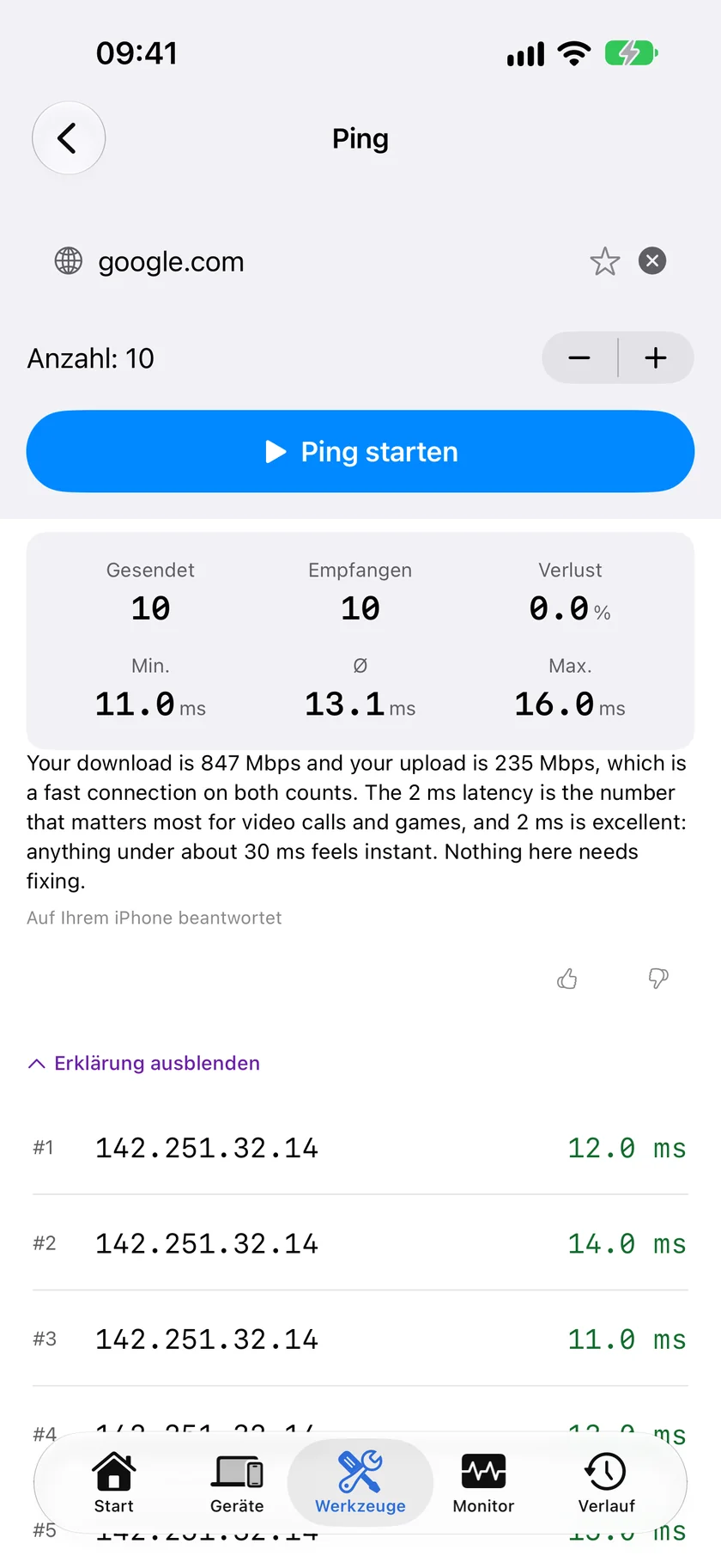 Ein abgeschlossener Ping-Lauf in PingKit fürs iPhone mit gesendeten und empfangenen Paketen, dem Verlust und der minimalen, mittleren und maximalen Laufzeit.