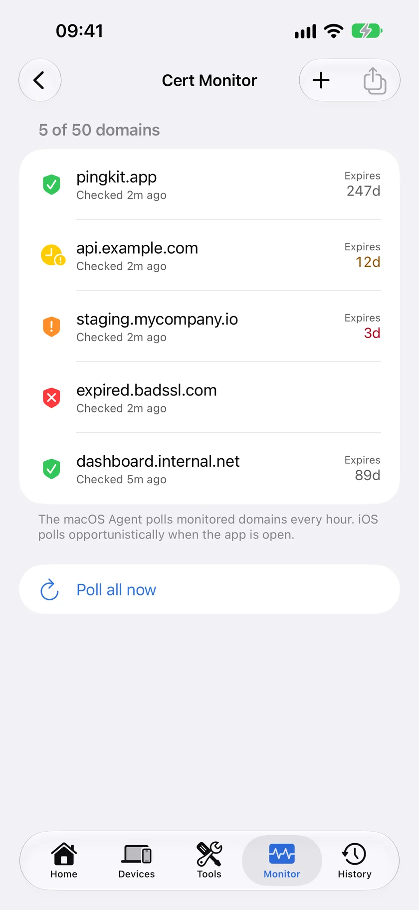 PingKit Cert Monitor on iPhone with Guardian Plus: five of fifty domains, each with the days left on its TLS certificate, and one that has expired.