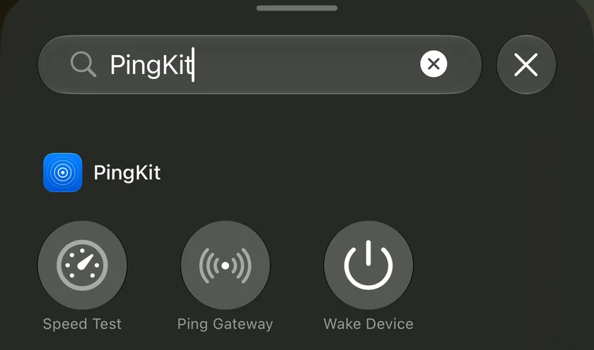 The Add a Control gallery on iPhone, filtered to PingKit, showing the three controls PingKit adds to Control Center: Speed Test, Ping Gateway and Wake Device.