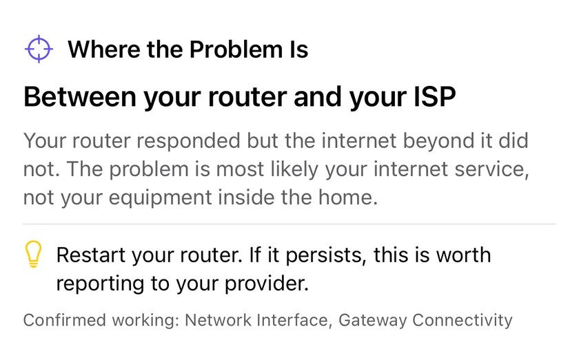 PingKit for iPhone naming where a fault is: between your router and your ISP, with the reasoning, what to do next, and which parts of the path it confirmed were working.