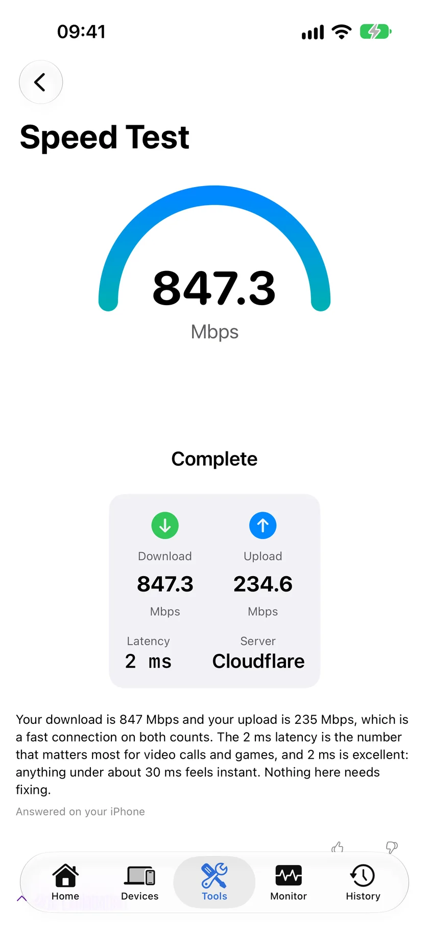 A completed speed test in PingKit for iPhone reading 847.3 Mbps down and 234.6 Mbps up, with 2 ms latency against a Cloudflare server.