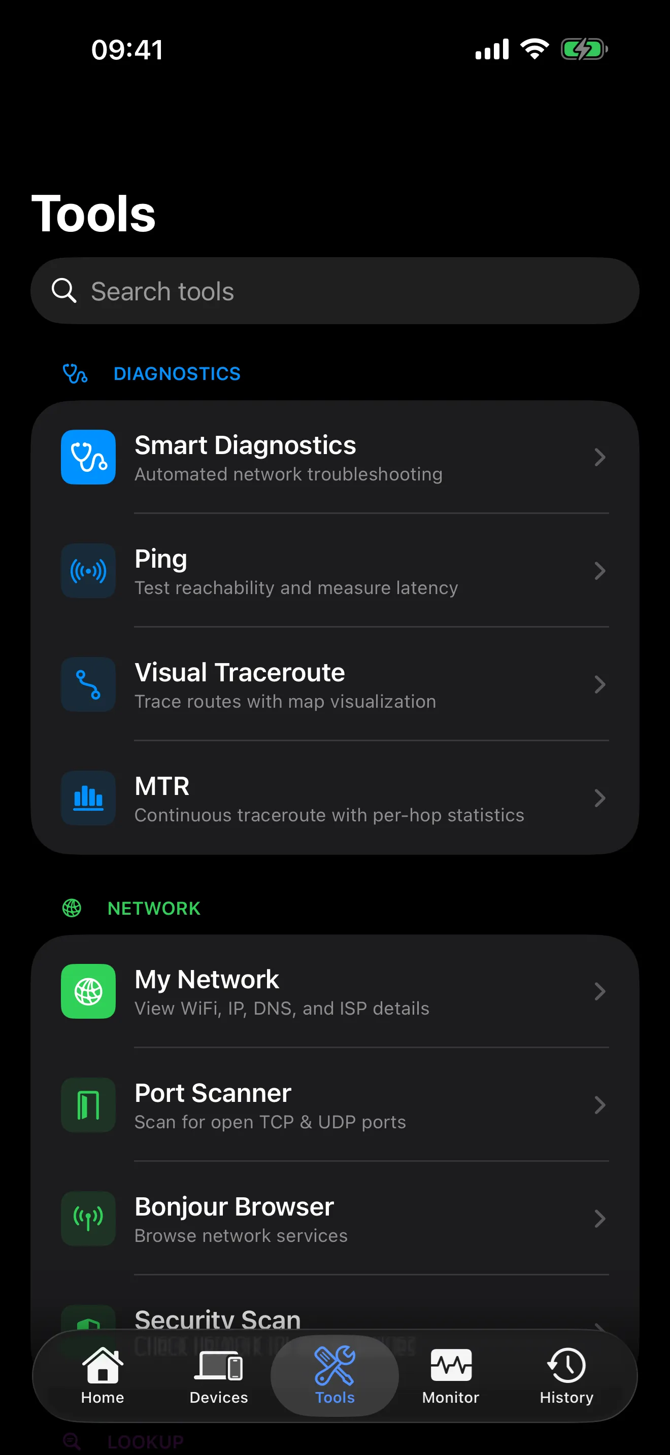 PingKit network diagnostic tools organized by category on iPhone