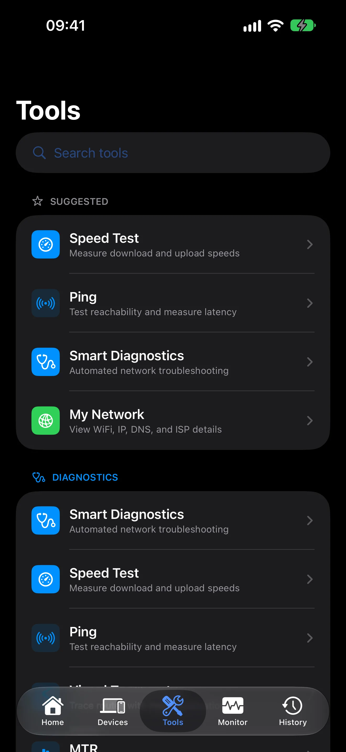 PingKit network diagnostic tools organized by category on iPhone