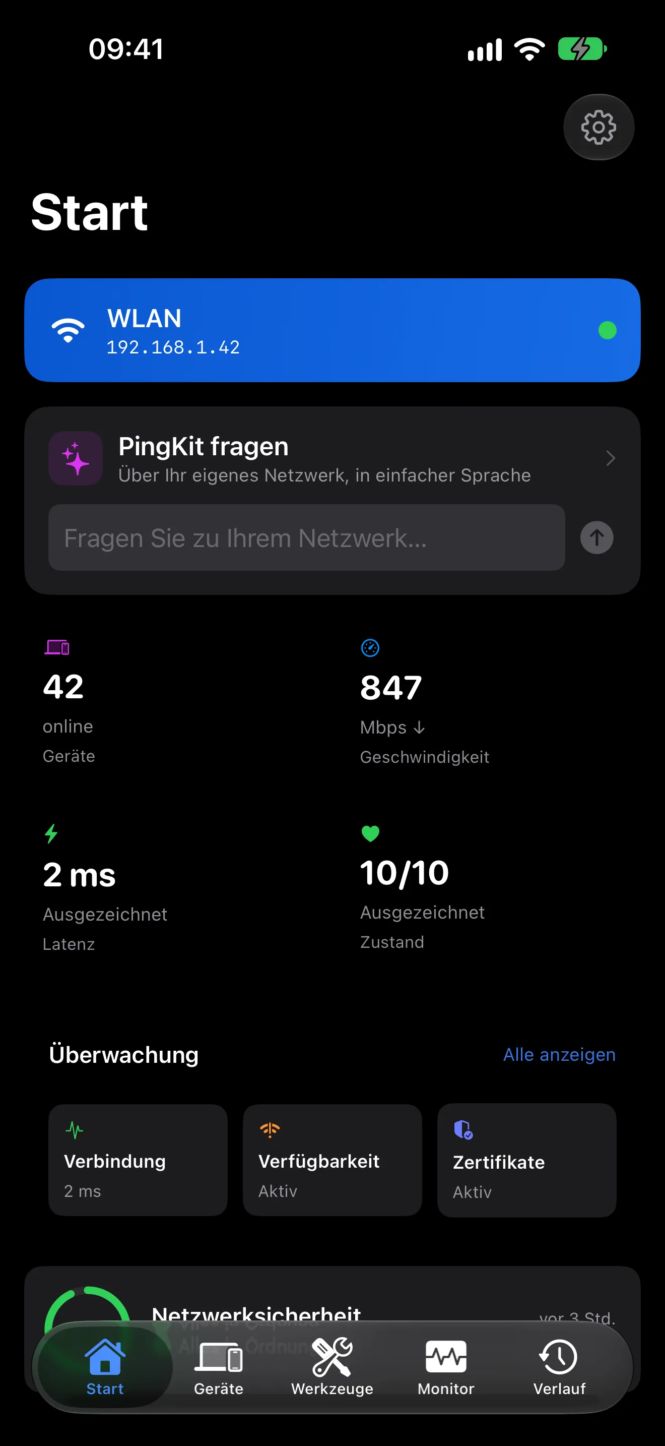 Das Dashboard der PingKit-App fürs iPhone mit KI-Netzwerkassistent und der Bewertung des WLAN-Zustands