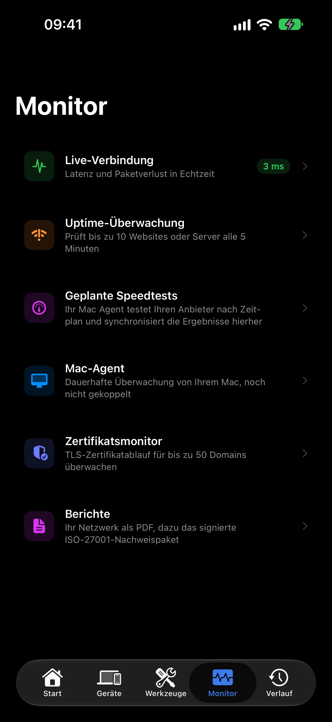 Der Tab „Monitor“ von PingKit auf dem iPhone: Live-Verbindung, Uptime Watch, geplante Speedtests, der Mac-Agent, Cert Monitor und Berichte